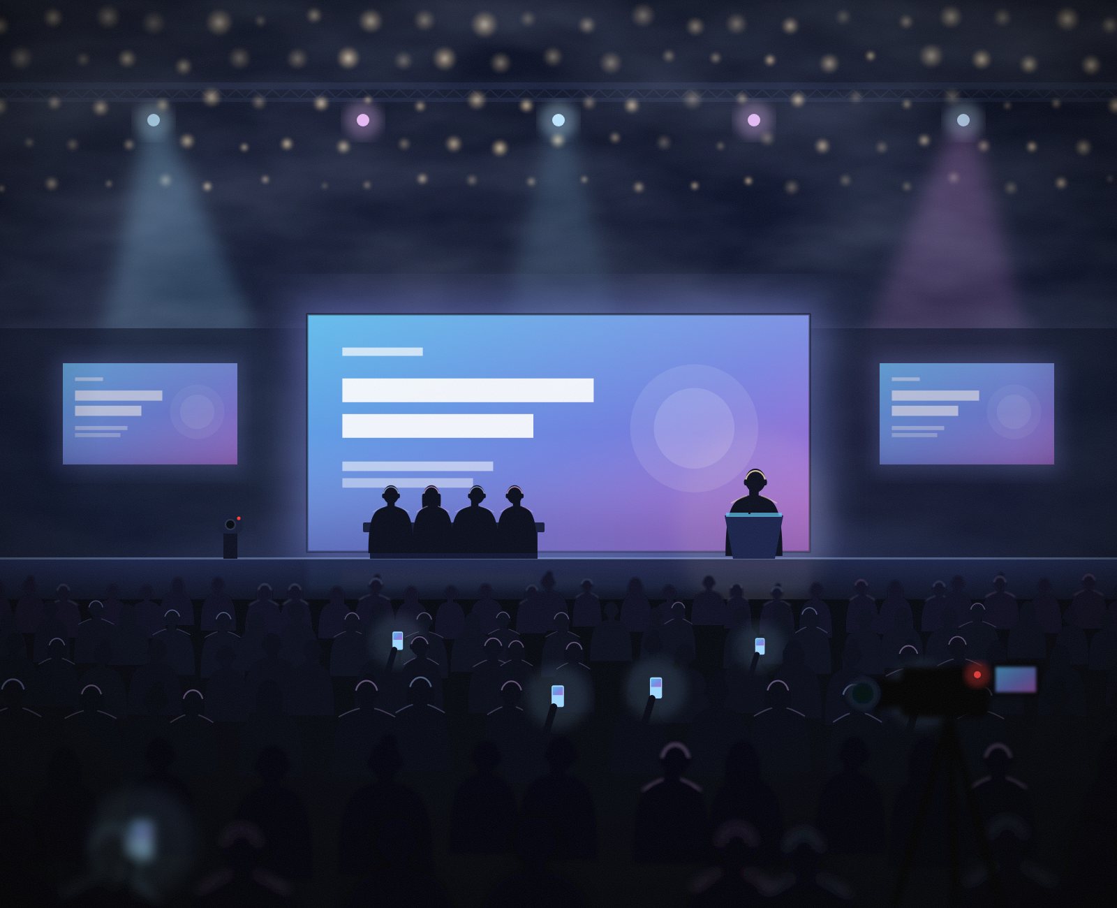 Ilustrație: scenă de conferință cu ecrane, speakeri și public, filmată cu o cameră pe trepied